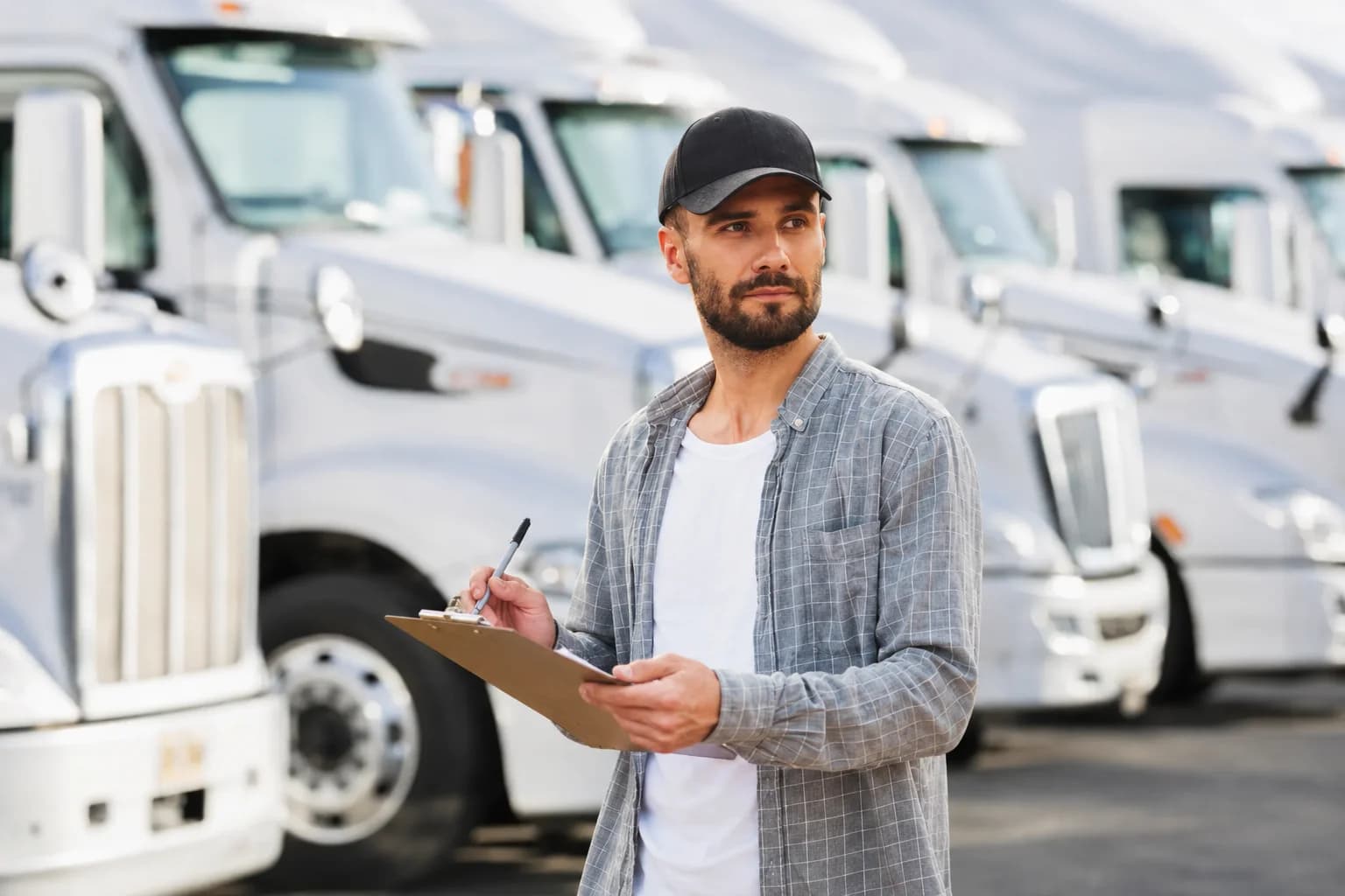 Blog Cover Depicting A Men in front Of White Semi Trucks