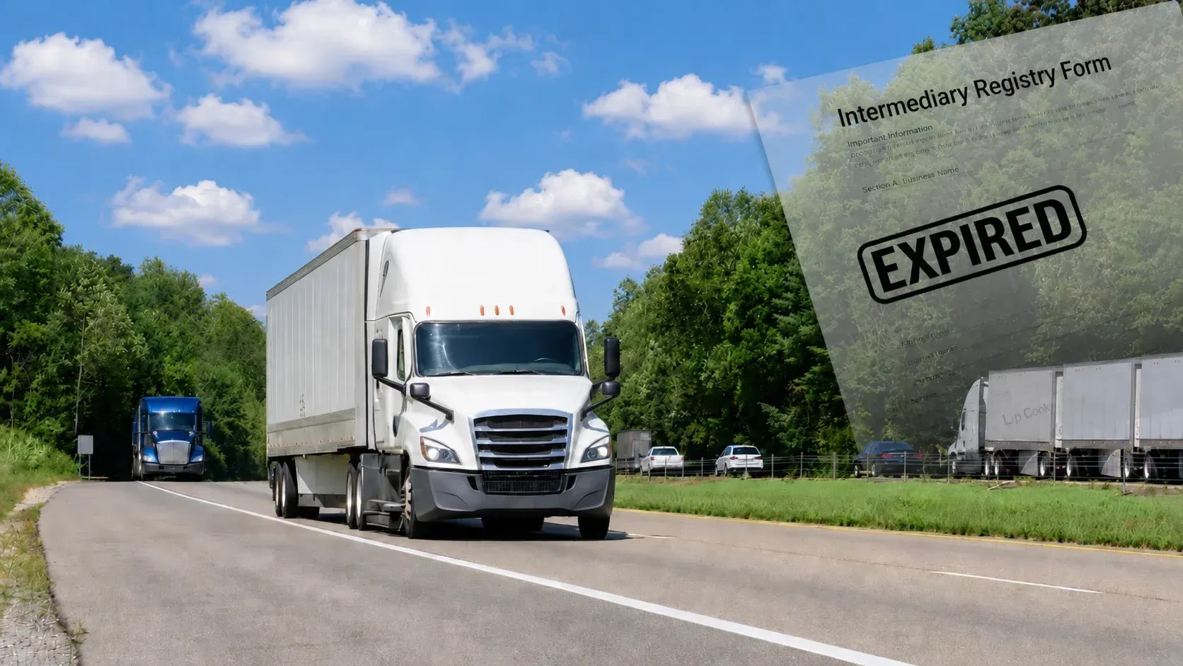 Blog Cover Depicting A White Semi Truck Driving On A Highway With A Expired Intermediary Registry Form Overlay Marked Expired