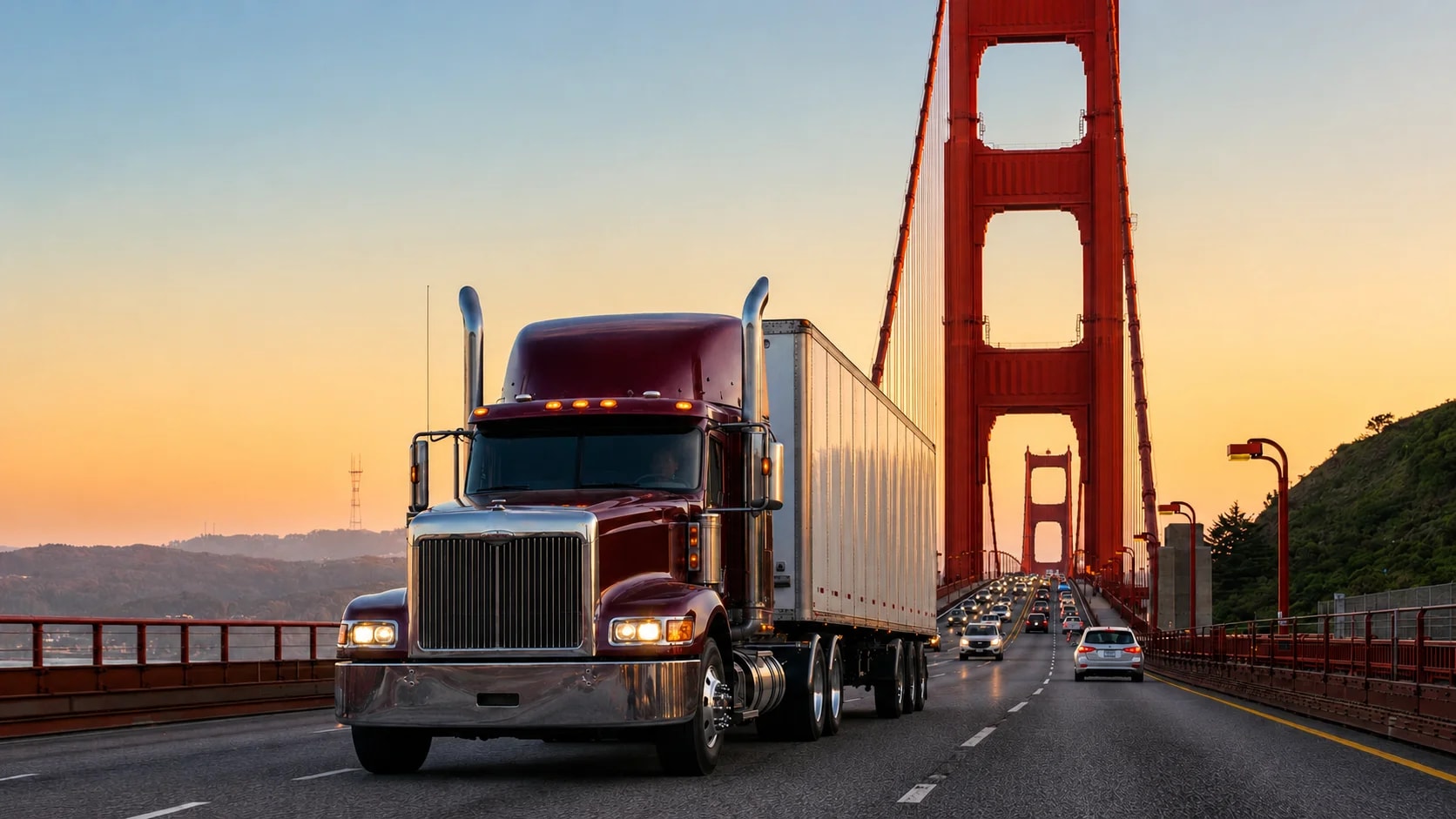 red truck on the bridge