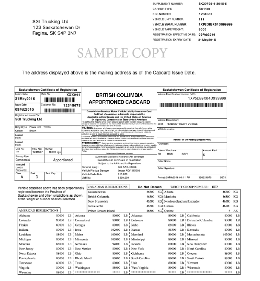 IRP Cab Card