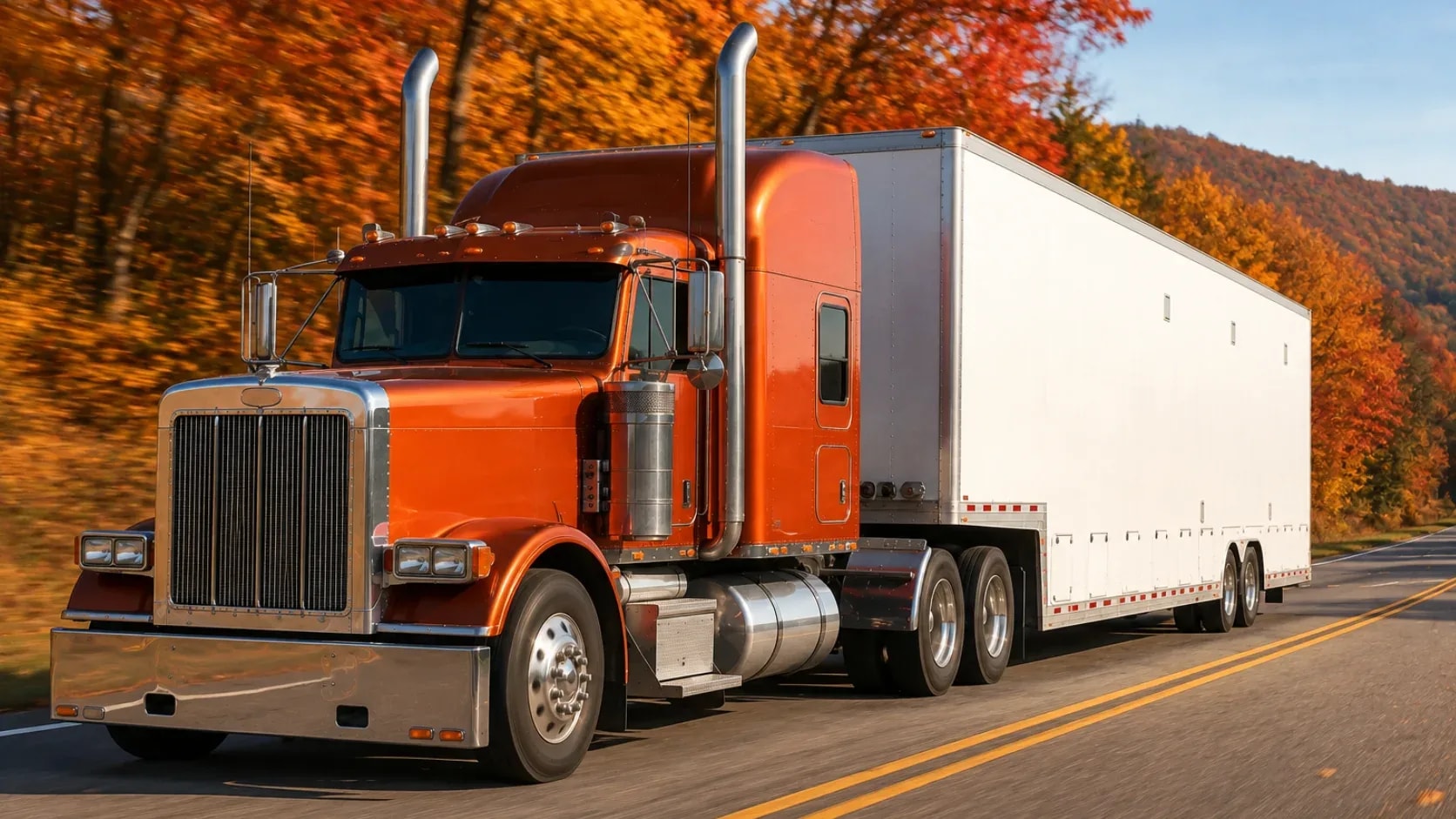 diesel-prices-for-trucking-in-fall-2026 Semi-truck traveling through autumn scenery as diesel prices affect fleet fuel costs.