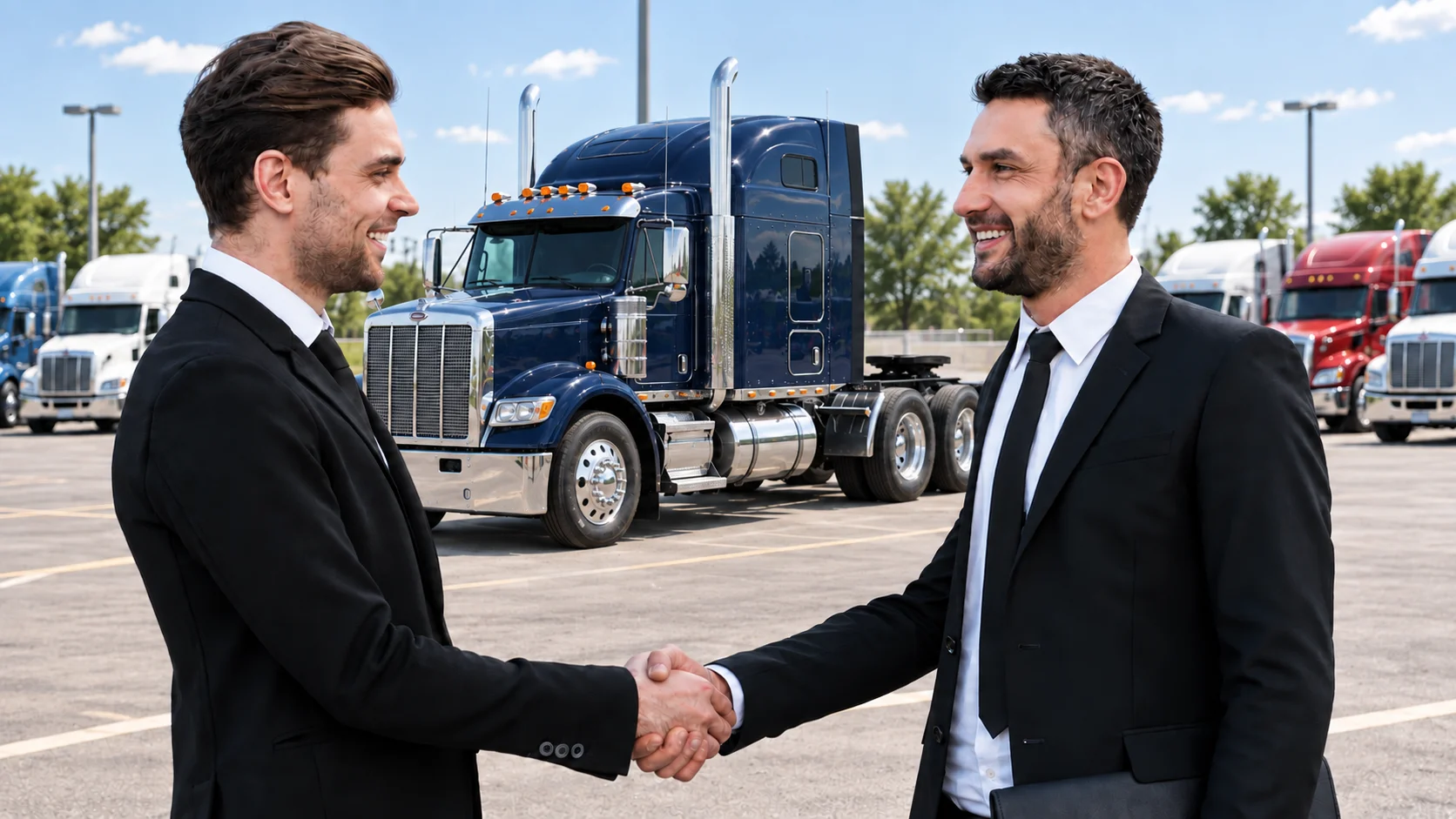 irp-registration-commercial-truck-sale Two businessmen shake hands beside commercial trucks during an IRP registration process.