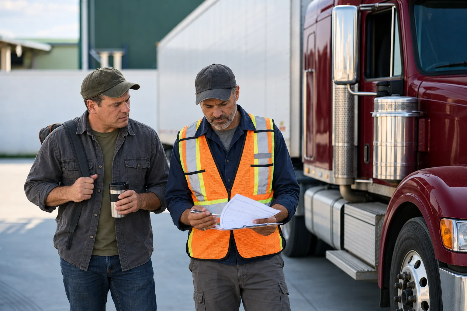 truck-driver-reviewing-paperwork-beside-red-semi-truck Two men review paperwork beside a red semi-truck.